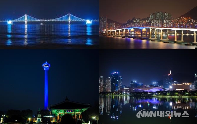 ▲부산 광안대교(왼쪽부터), 남항대교 점등사진, 부산타워 점등사진, 영화의전당 2018 점등사진