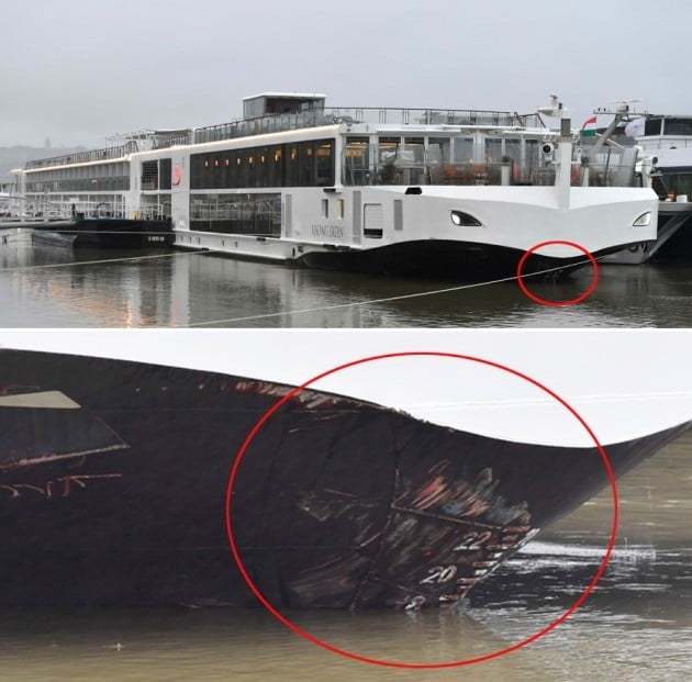 ▲29일(현지시간) 밤 9시쯤 한국인 관광객을 태우고 헝가리 부다페스트 다뉴브 강을 운항하던 '허블레아니'(헝가리어로 '인어') 유람선이 침몰해 26명이 사망·실종한 사고가 일어났다. 사진은 침몰한 '허블레아니'를 추돌한 것으로 추정되는 크루즈선 '바이킹 사이진'(위)과 충돌 추정 흔적(아래). (사진=AP 연합뉴스)