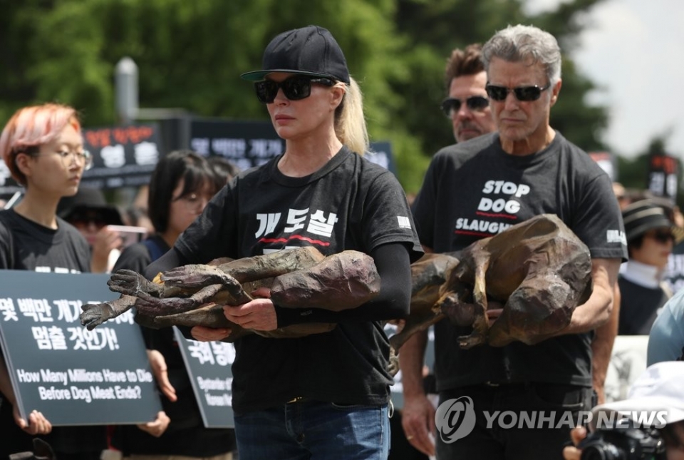 ▲초복인 12일 서울 여의도 국회 앞에서 개도살금지공동행동 주최로 열린 개 도살 반대 집회에서 동물권 운동가로 알려진 헐리우드 배우 킴 베이싱어(왼쪽)가 희생된 강아지 형상의 모형을 두고 장례 퍼포먼스를 하고 있다. (사진=연합뉴스)