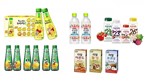 ▲(사진= 왼쪽 위부터 고려은단 ‘허니&유자 비타민C 곰돌이 푸 에디션, 코카콜라 ‘토레타! 로즈힙워터’, 한국야쿠르트 ‘하루야채’ 시리즈, 고려은단 ‘스파클링 비타민C 디즈니 미키&미니 에디션’, 정식품 ‘리얼시리즈’)