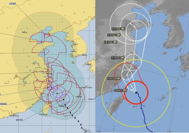 ▲ 미국 합동태풍경보센터(JTWC)와 일본 기상청이 예측한 제9호 태풍 '레끼마(Lekima)'의 예측 경로. (사진=JTWC, 일본 기상청)