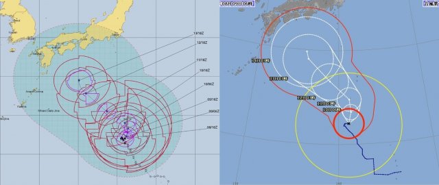 ▲ 미국 합동태풍경보센터(JTWC)와 일본 기상청이 예측한 제9호 태풍 '크로사(Krosa)의 예측 경로. (사진=JTWC, 일본 기상청)