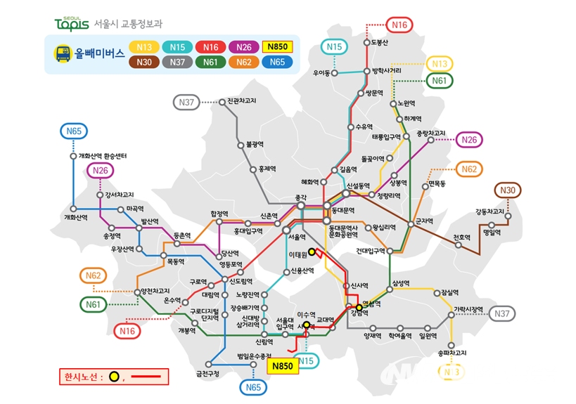▲한시적 심야버스 노선도. (사진=서울시 제공)