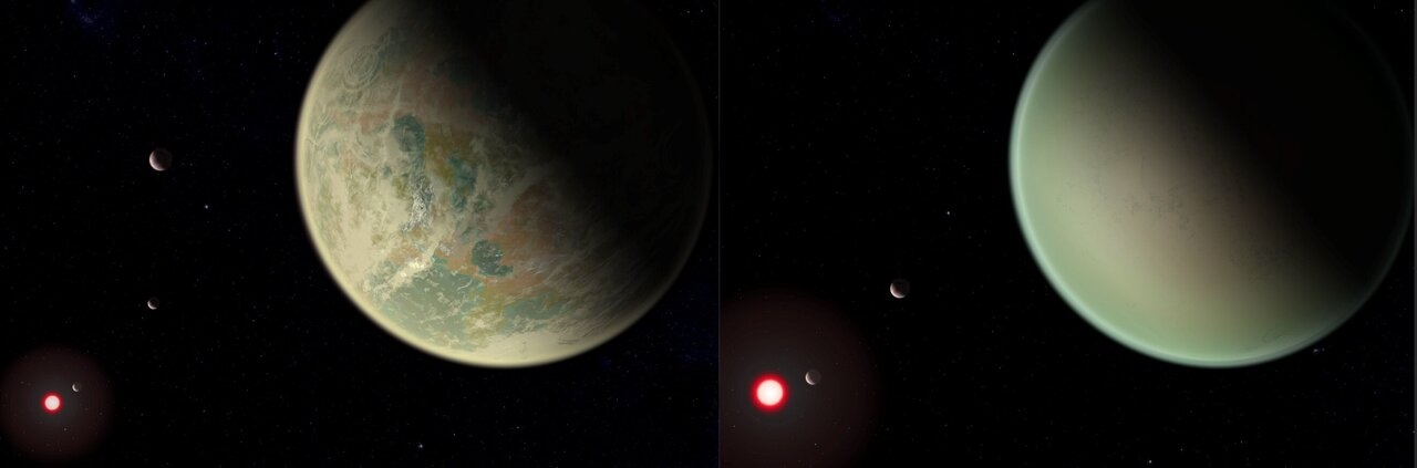 ▲ 대기 중 산소를 가진 외계행성 상상도. 대기 중 산소를 가진 외계행성 상상도. 왼쪽은 M형 왜성을 도는 물을 가진 외계행성이며, 오른쪽은 별에 더 가까이 붙어있어 물을 갖지 않은 행성을 표현한 것이다. (NASA/GSFC/프리드랜더-그리스월드 제공)