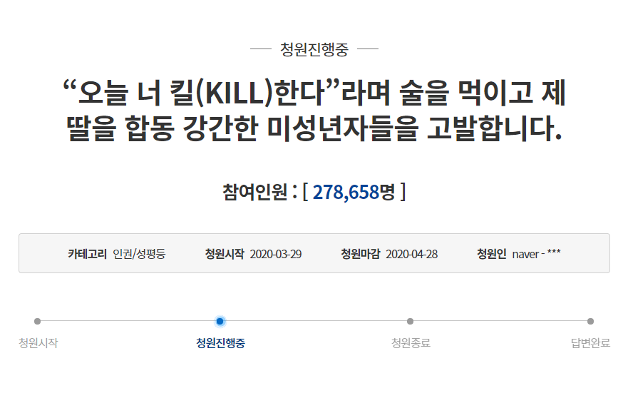 ▲ 4월 2일 오전 11시 50분 기준 청원 참여인원은 27만 8658명이다. (사진=청와대 국민청원 캡처)