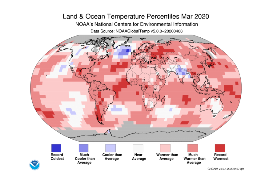 ▲ 미국 해양대기국의 국립환경정보센터 3월 기후 보고서에 담긴 2020년 1분기 지역별 기온 변화 폭 (사진=NOAA 공식 홈페이지 캡처)
