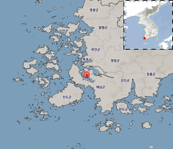 ▲ 지난 9일 전남 해남군 서북서쪽 21km 지역에서 규모 2.2, 깊이 21 km의 지진이 발생했다. (사진=기상청 사이트 캡처)