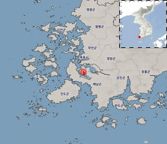 ▲ 지난 9일 전남 해남군 서북서쪽 21km 지역에서 규모 2.2, 깊이 21	km의 지진이 발생했다. (사진=기상청 사이트 캡처)