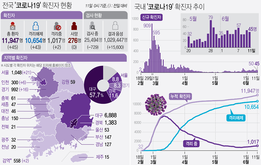 ▲ 11일 0시 기준, 전국 코로나19 확진자 현황과 국내 코로나19 확잔자 추이 (사진=연합뉴스)