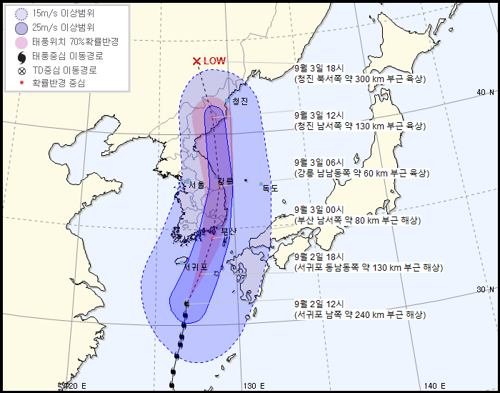 ▲ 제9호 태풍 ‘마이삭’의 이동 경로 (사진=기상청)