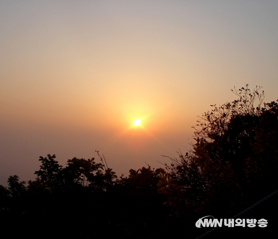 ▲ 아침 이른 시간에 산에 오르면 일출과 함께 고목을 휘감은 덩굴식물 위로 낮달도 볼 수 있다. (사진= 내외방송 정수남 기자)