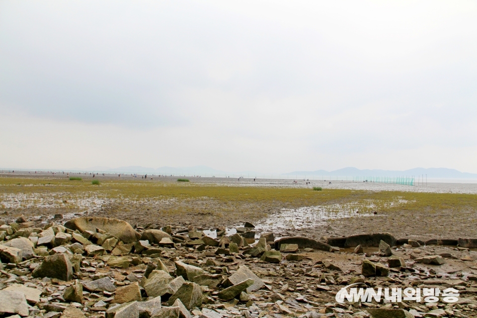 ▲ 강화도 해변은 뾰족한 자갈과 모래펄로 이뤄졌다. 자칫 발을 다칠 수 있어 반드시 신을 신어야 한다. 동막해수욕장 모습. (사진=내외방송 정수남 기자)