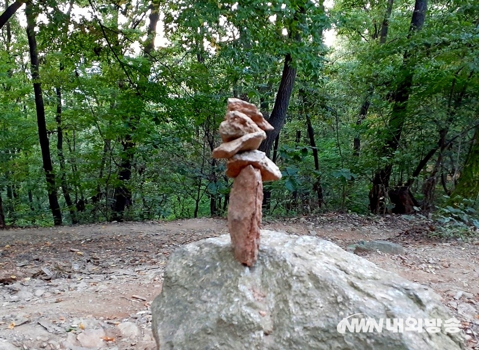 ▲ 경기 성남시 단대동에서 광주시 남한산성면 검단산(해발 523.9m)으로 가는 등산로에 등산객이 만든 작은 돌탑이 잡혔다. (사진=내외방송 정수남 기자)