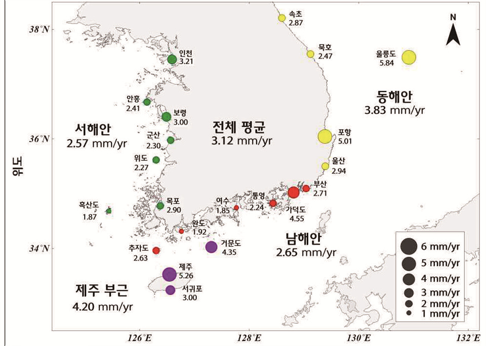 ▲ 최근 30년간(`90∼`19년) 해수면 상승률.(그림=해양수산부)
