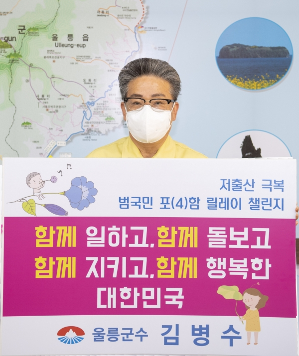 ▲ 김병수 울릉군수는 7일 저출산이 가져올 국가 위기에 대응하고자 범국민 연대와 협력을 바탕으로 ‘함께 일하고, 함께 돌보고, 함께 지키고, 함께 행복한 대한민국’을 만드는 데 동참하자는 취지로 마련한 ‘저출산 극복 함께해요! 범국민 포(4)함 릴레이 챌린지’에 동참했다. (사진=울릉군 제공)