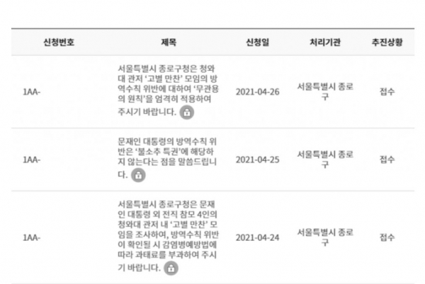 ▲ 문재인 대통령에 대한 방역수칙 위반 관련 국민신문고 민원이 제기됐다. (사진=온라인 커뮤니티 캡처)