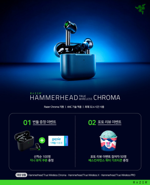 ▲ 레이저(RAZER)가 ChromaTM RGB 조명과 액티브 노이즈 캔슬링(ANC) 기능을 탑재한 게이밍 무선 이어버드 ‘Razer Hammerhead True Wireless Chroma’를 출시했다. (사진=레이저 제공)