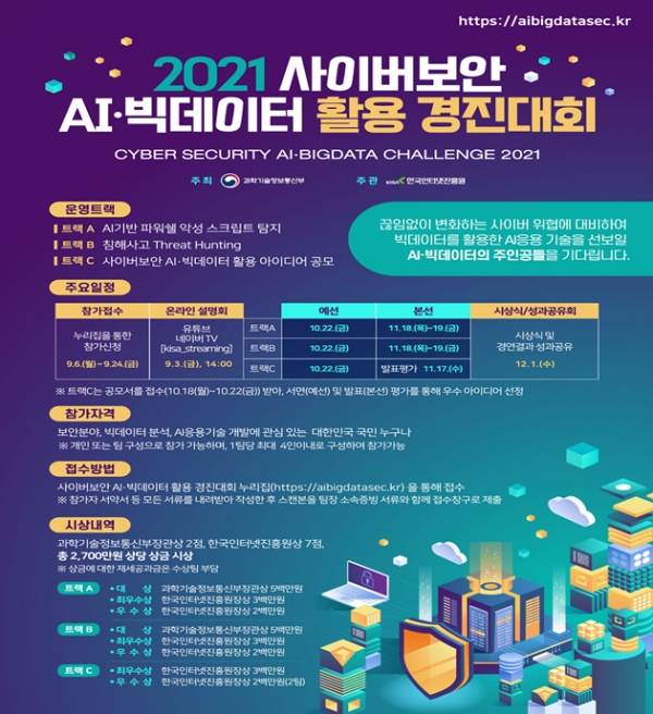 ▲ 과학기술정보통신부가 인공지능(AI) 및 빅데이터를 활용한 보안기술을 주제로 사이버보안 AI·빅데이터 활용 경진대회를 오는 9월 6일부터 11월 19일까지 개최한다.