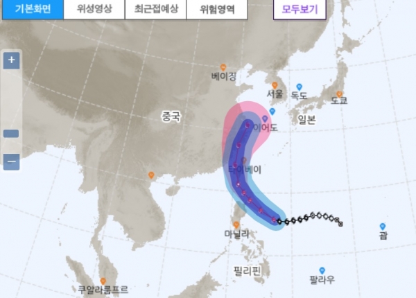 ▲ 제14호 태풍 찬투 경로, 기상청은 이르면 14일께 찬투가 한반도에 상륙할 것이라고 내다보고 있다. (사진=기상청)