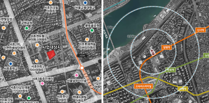 ▲ (왼쪽)서초동 1593-13번지 위치도와 신반포22차 아파트 위치도. (사진=서울시 제공)
