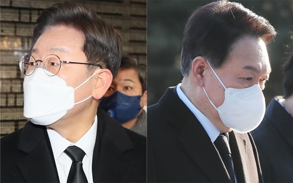 한국사회여론연구소가 TBS의뢰로 차기 대통령 후보 지지율을 조사한 결과 이재명 더불어민주당 대통령 후보는 41.0%, 윤석열 국민의힘 대통령 후보는 37.1%로 나타났다. (사진=연합뉴스)