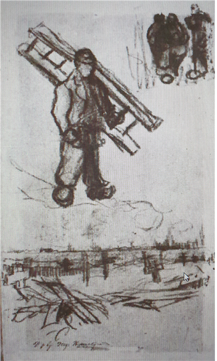 사다리, 다른 인물, 묘지와 남자의 스케치, 누에넌, 1885. 5월, 오테를로, 크뢸러 뮐러 미술관