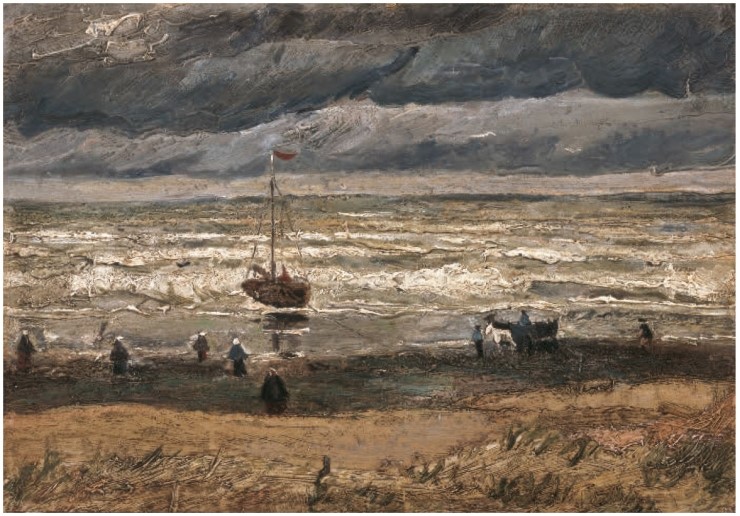 '폭풍우 치는 스헤베닝언 해변' 헤이그, 1882년 8월, 반 고흐 미술관.▶좌측 위 귀퉁이 색상이 부자연스럽다. 이는 2002년 12월 절도범에 의해 도난당했을 시 떨어져나간 부분이다. 2016년 반 고흐 미술관으로 돌아옴