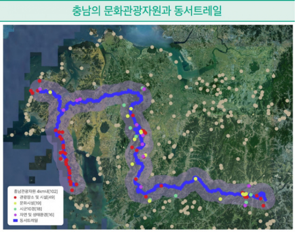 충남연구원이 분석한 충남 동서트레일 연계 현황.(사진=충남연구원)