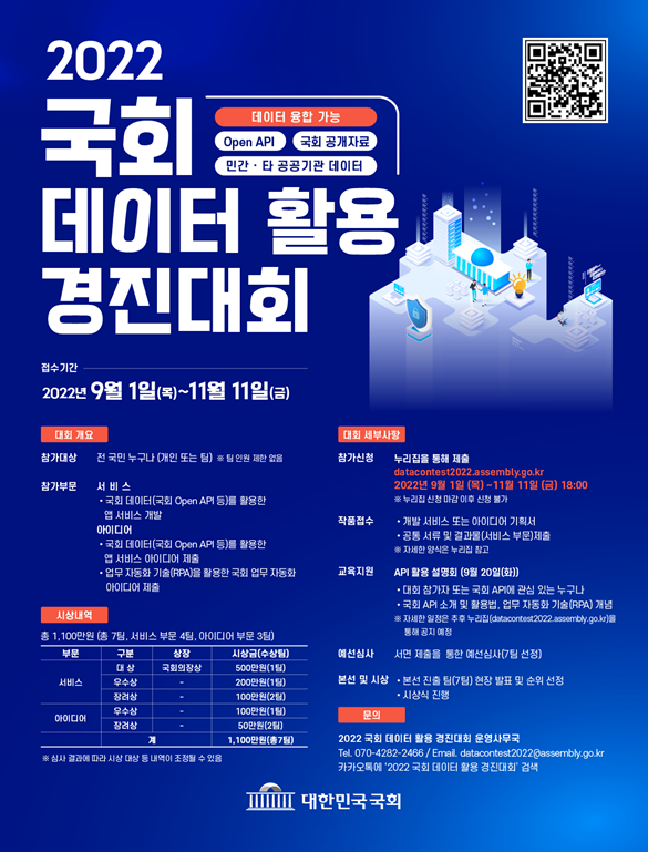국회 데이터 활용을 촉진하고, 새로운 정보 서비스 발굴을 위한 '2022 국회 데이터 활용 경진대회'가 개최된다.(사진=대한민국국회)