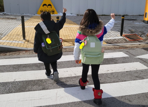 안전용품 '옐로카드'를 착용한 초등학생들의 모습.(사진=충남교육청)