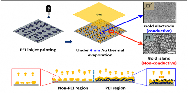 미세 잉크젯 프린팅 용액 공정 기반 투명 전극 및 광열 효과 층의 선택적 형성 기술 개발과 고분자 전해질 시드 층 유무에 따른 금속 초박막 형성의 차이 모식도.(사진=DGIST)