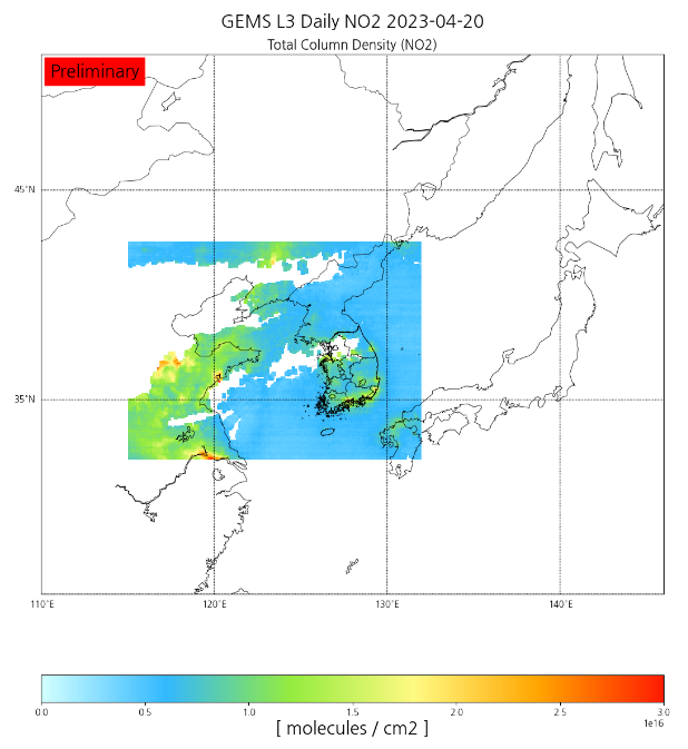 한반도 주변 2023년 4월 20일 평균 이산화질소 농도(자료=국립환경과학원)