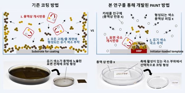 기존 방식과 본 연구를 통해 개발된 PAINT 기술의 멜라닌 모사 유기 색소 형성 과정 비교.(사진=DGIST)