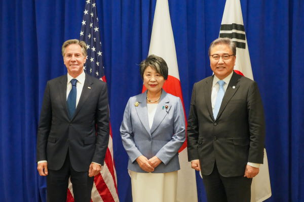 (왼쪽부터) 블링컨 미국 국무장관, 요쿄 일본 외무대신, 박진 외교부 장관. (사진=외교부)