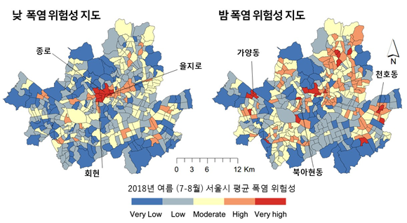연구팀이 제작한 '2018년 여름철 서울시 행정동별 낮과 밤의 폭염 위험성' 지도.(사진=UNIST)