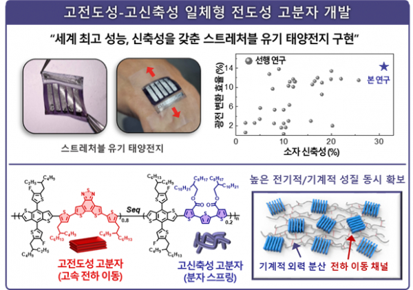 신규 개발된 전도성 고분자의 화학 구조 및 해당 소재가 사용된 스트레처블 유기 태양전지의 성능.(사진=KAIST)