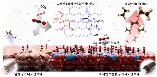 비타민 C 증강 구리 나노선 촉매를 활용한 이산화탄소 환원 기반 에틸렌 대량 생산 기술 모식도.(사진=DGIST)