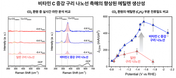 비타민 C 증강 구리 나노선 촉매 표면의 향상된 일산화탄소 중간체 형성 과정 규명과 비타민 C 증강 구리 나노선촉매의 향상된 에틸렌 생산성.(사진=DGIST)