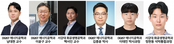 (왼쪽부터)남대현, 이윤구 DGIST 에너지공학과 교수와 백서인 서강대 화공생명공학과 교수, 김종윤 박사와 이태민 박사과정, 정현동 서강대 석박사통합과정.(사진=DGIST)