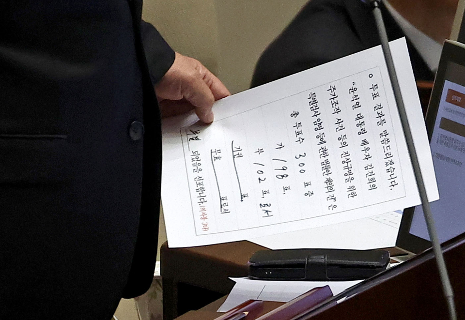 7일 김건희 여사 특검법 투표 결과지를 바라보는 우원식 국회의장(사진=연합뉴스)