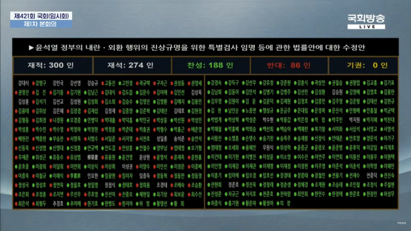 17일 밤 국회 본회의에서 진행된 '내란 특검법 수정안' 표결. (사진=유튜브 갈무리)